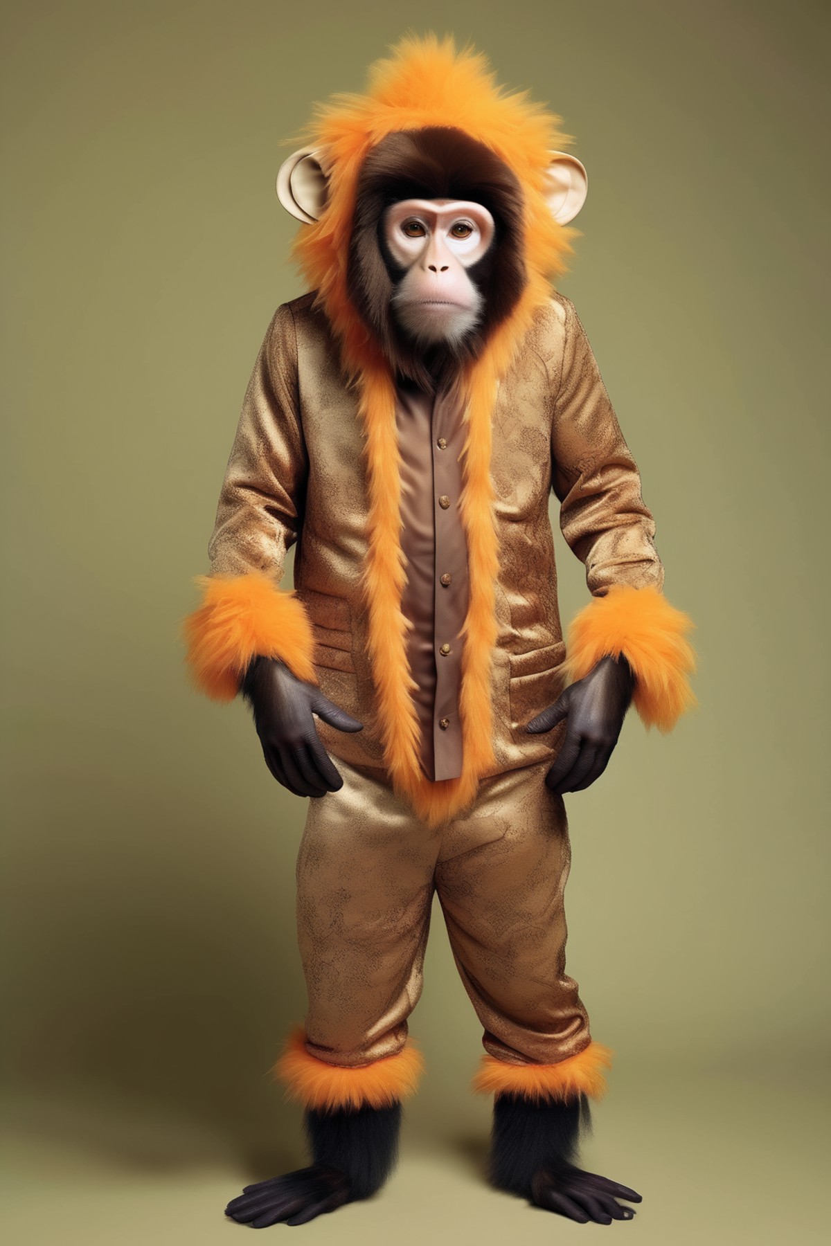 <lora:Dressed animals:1>Dressed animals - A man wearing an elaborate stylish monkey costume, human face monkey costume,